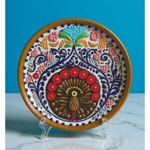 Hand-Painted Talavera Decorative Plate With Gold Detailing & Floral Peacock Desi